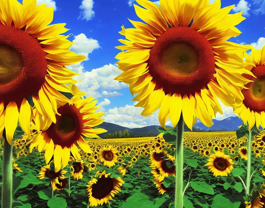 Sunflower Field Under Blue Sky with Mountains View