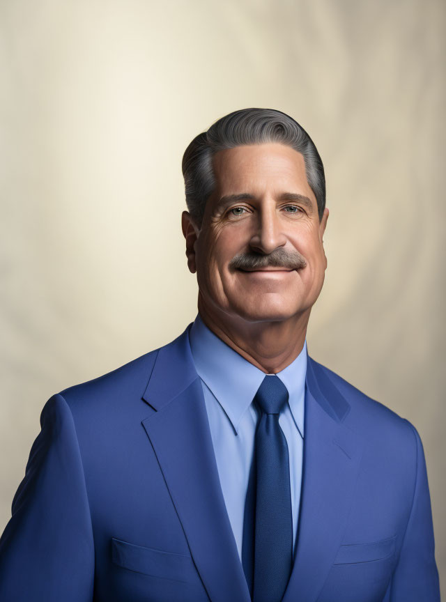 Smiling man with gray hair and suit on beige background