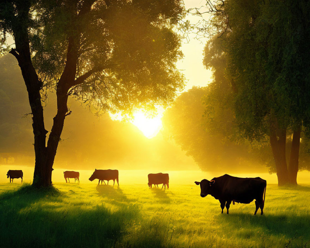 Cows grazing in sunlit field with trees and long shadows