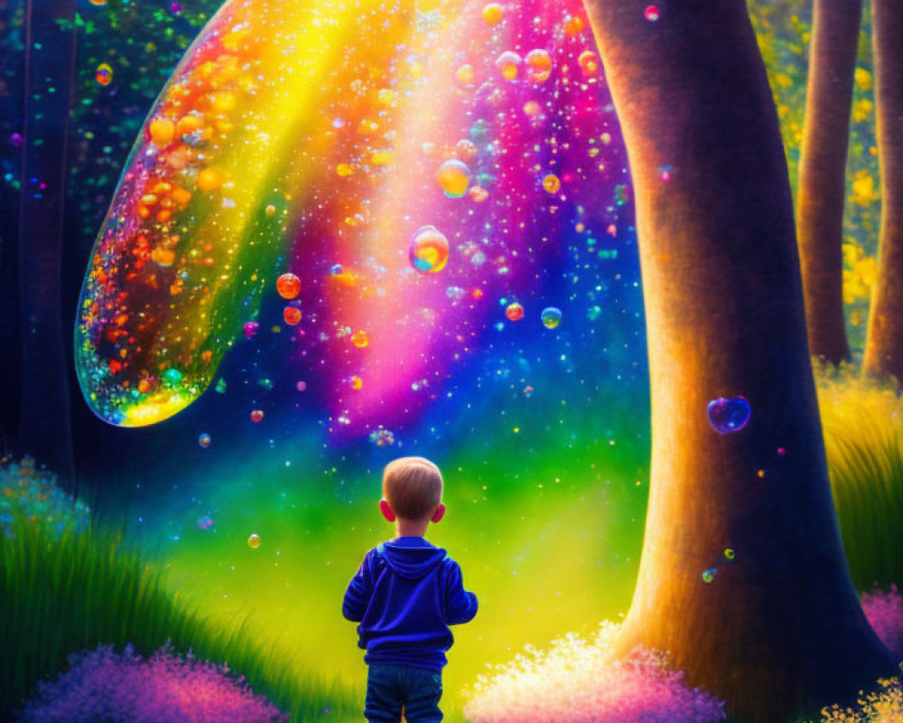 Child in Blue Sweater Observing Colorful Bubble in Sunlit Forest