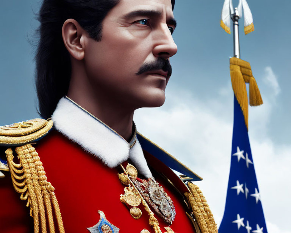 Man in red military uniform with mustache against blue sky