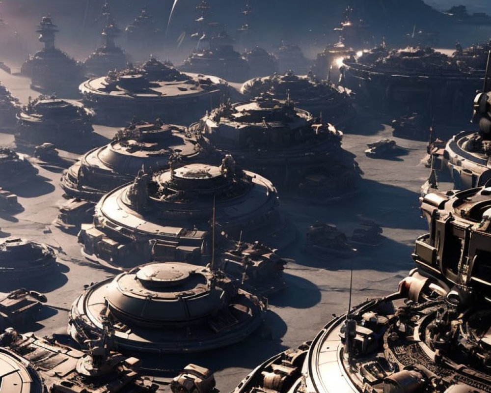 Futuristic cityscape with dome-like structures and spaceship in dusky sky
