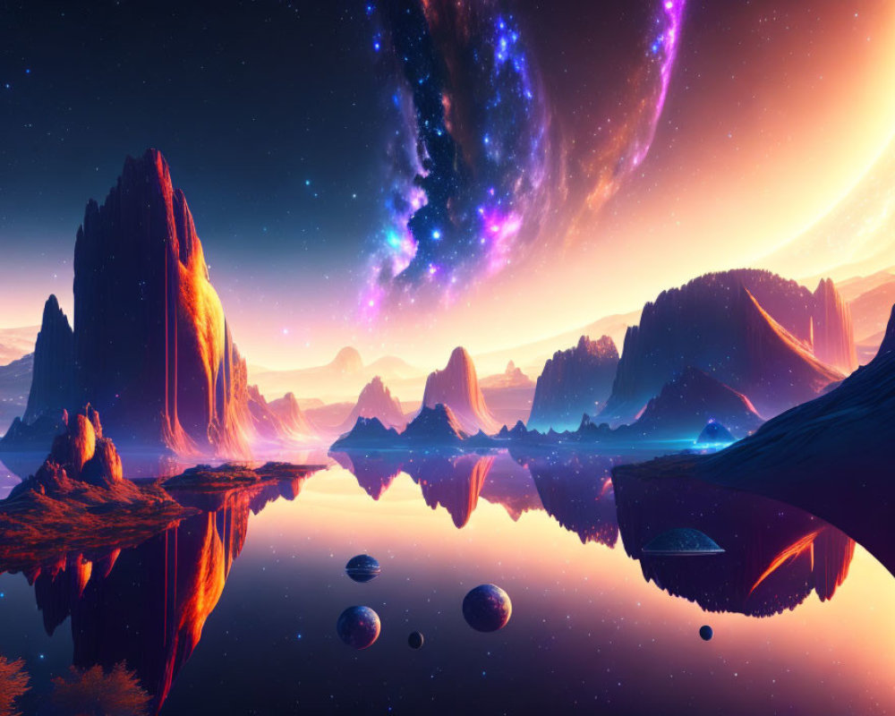 Vivid Sci-Fi Landscape with Rock Formations, Lake, and Starry Sky