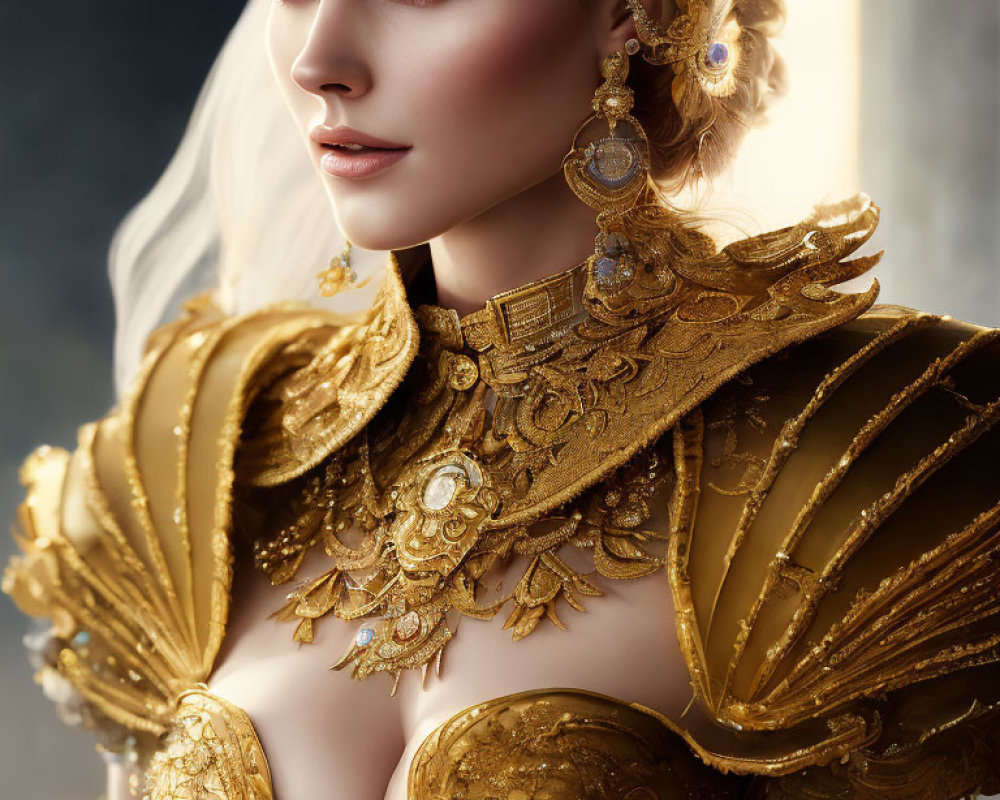 Fair-skinned woman in ornate gold jewelry and outfit with blue eyes, soft light ambiance