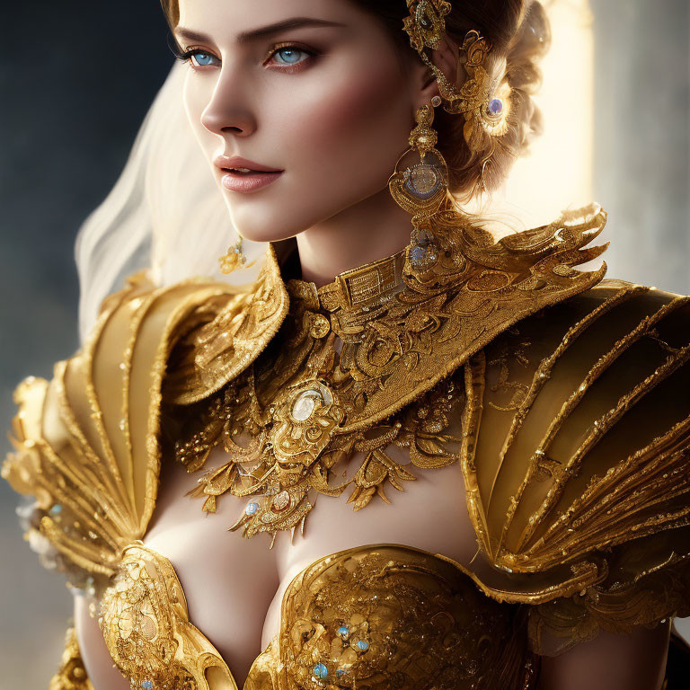 Fair-skinned woman in ornate gold jewelry and outfit with blue eyes, soft light ambiance