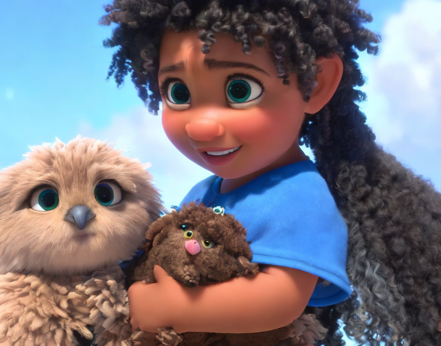 Curly-Haired Girl with Toy Owl Under Blue Sky