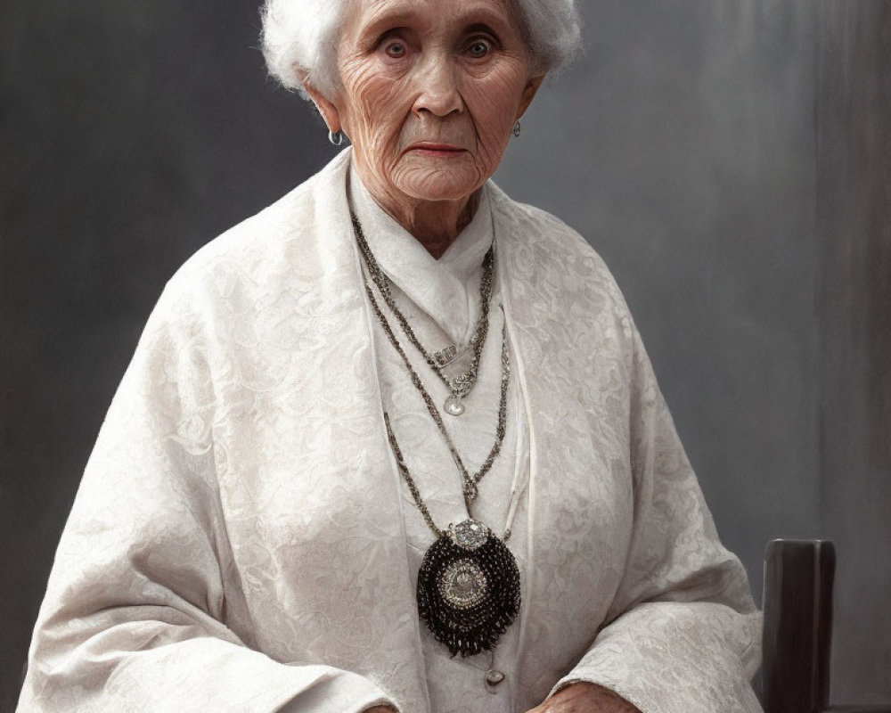 Elderly woman in cream blouse and layered necklaces with white hair gazes calmly.