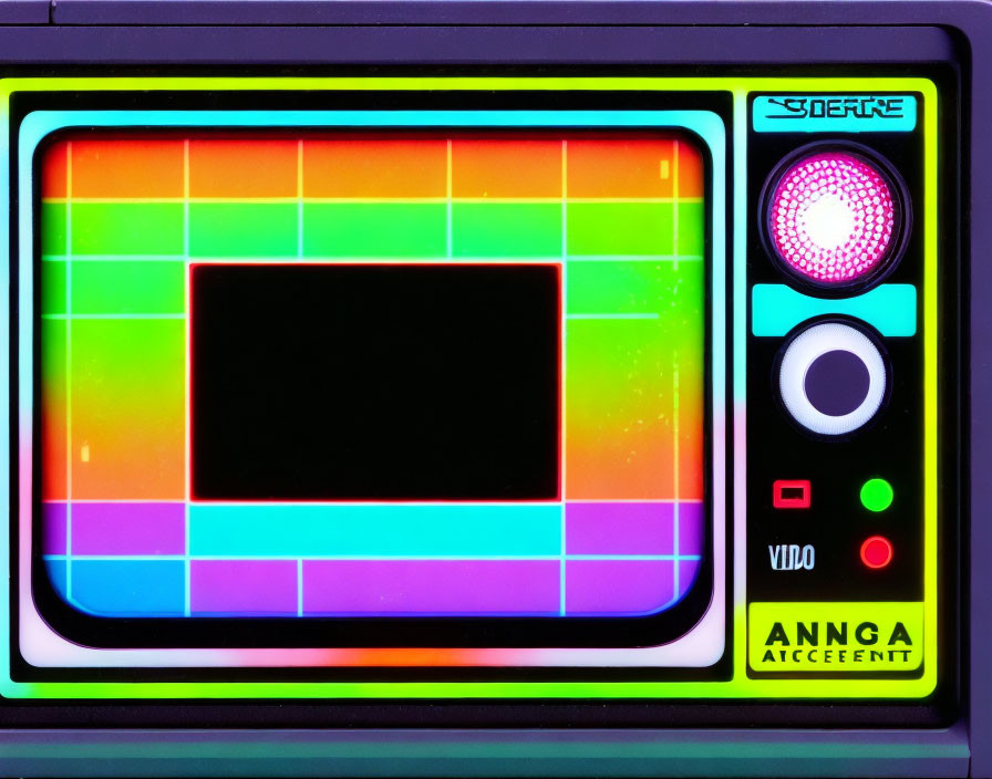 Vintage-style screen with colorful test card patterns, audio levels, and retro buttons.