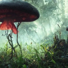 Enchanting forest scene with oversized mushrooms and bird in dappled sunlight