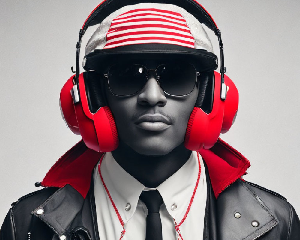 Fashionable person with red headphones, sunglasses, and striped hat on gray backdrop