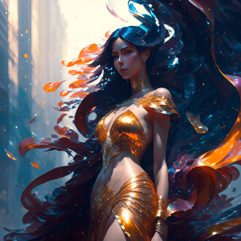 Illustrated Female Figure in Golden Armor with Flowing Hair surrounded by Swirling Shapes