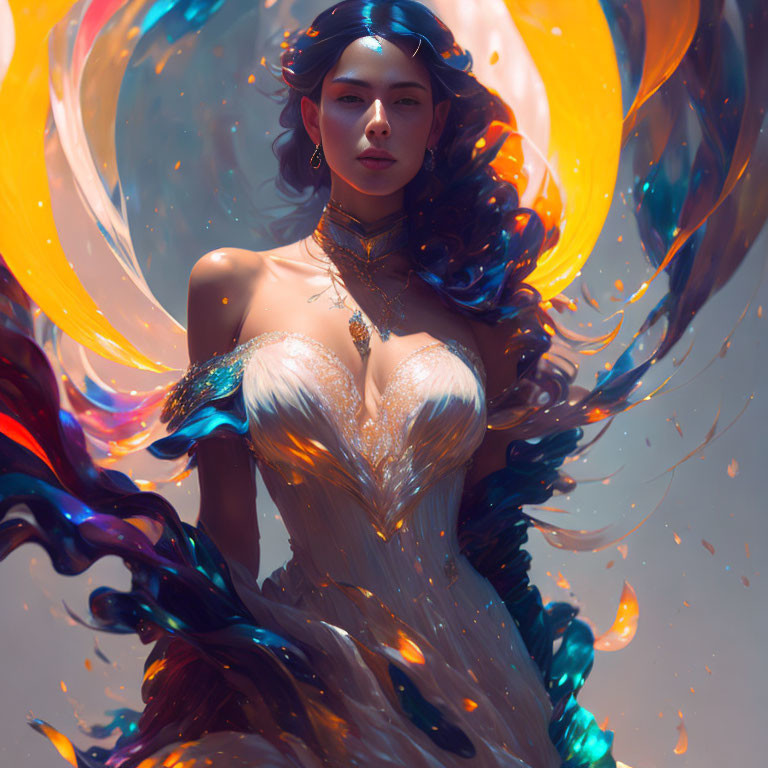 Woman with flowing hair and swirling dress in fantastical image