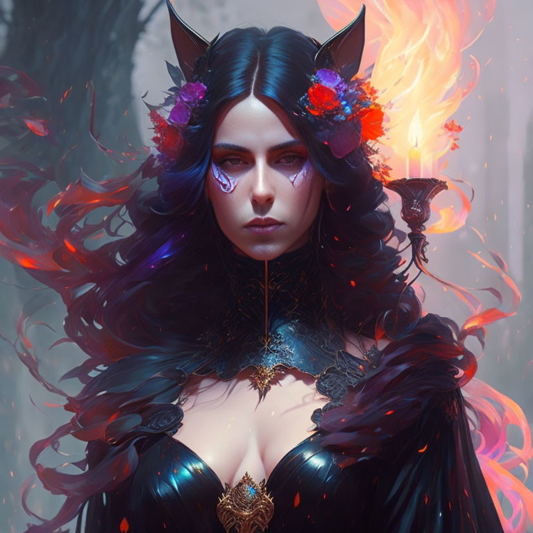 Mystical woman with pointed ears and blue eyes, adorned with flowers and flames.