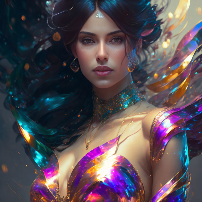Colorful woman with vibrant flowing hair and iridescent accents.