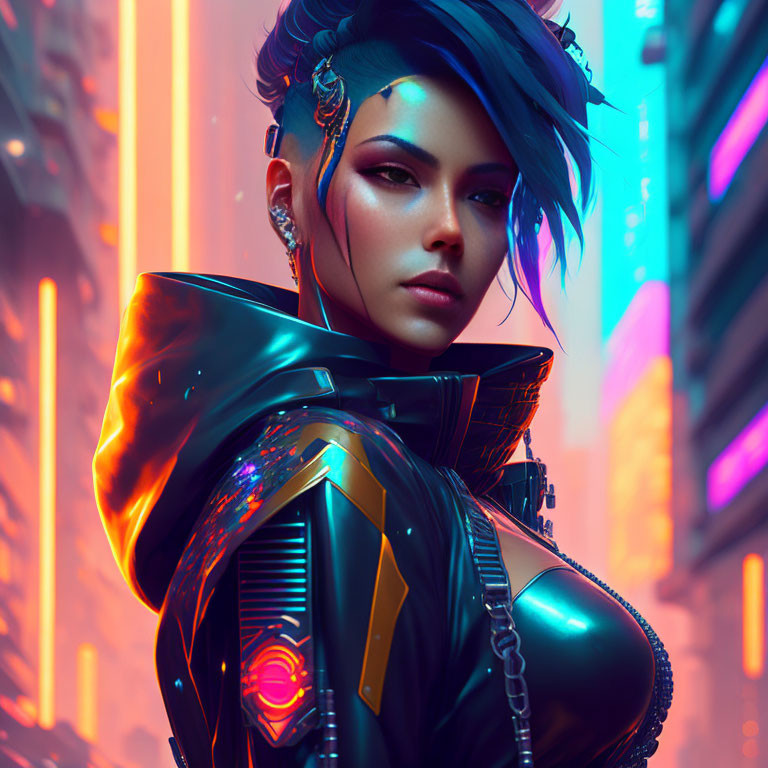 Blue-haired female character in cybernetic suit with neon city lights
