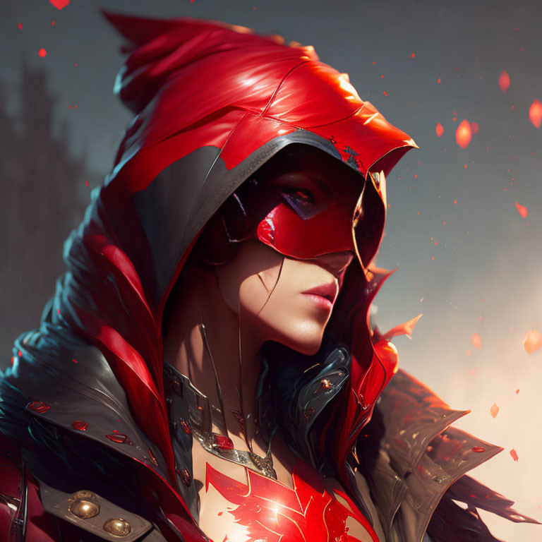 Mysterious Figure in Red Armor with Stylized Mask and Cloak