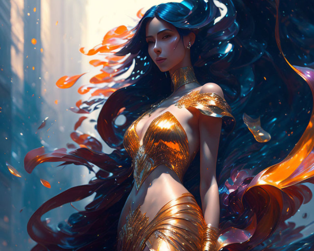 Illustrated Female Figure in Golden Armor with Flowing Hair surrounded by Swirling Shapes