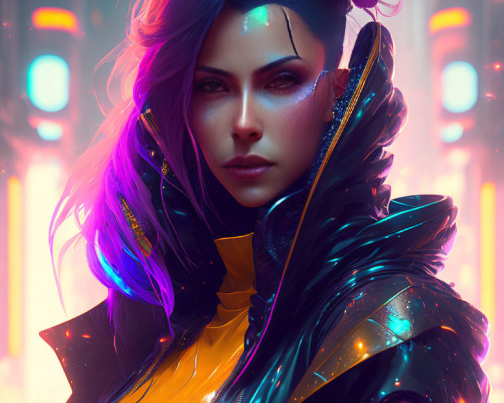 Futuristic woman with purple and blue hair and cybernetic enhancements in black and yellow jacket in