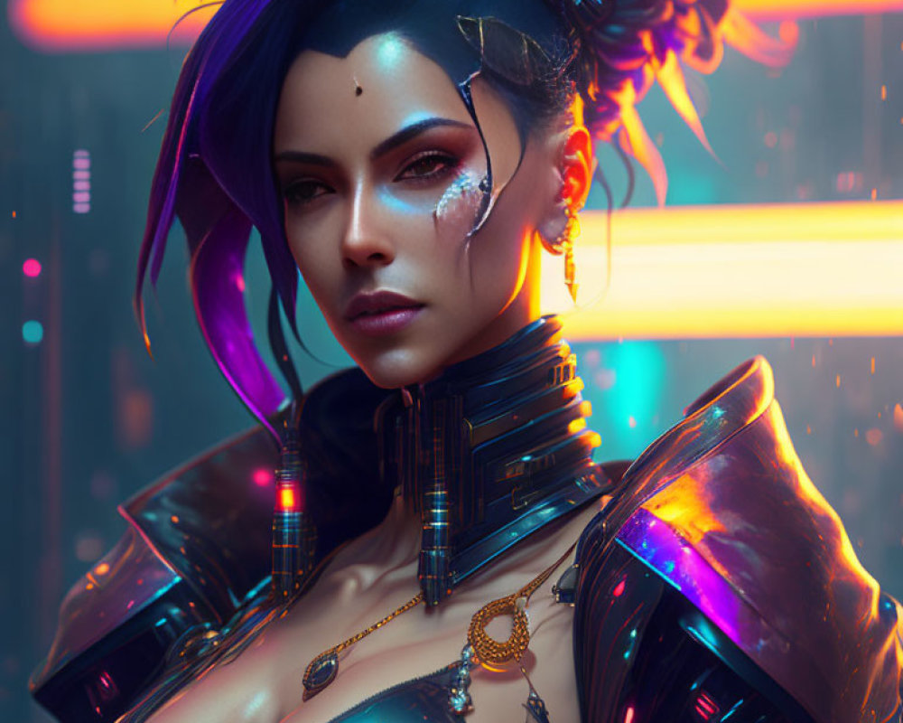 Futuristic woman with blue hair and cybernetic enhancements amid neon lights