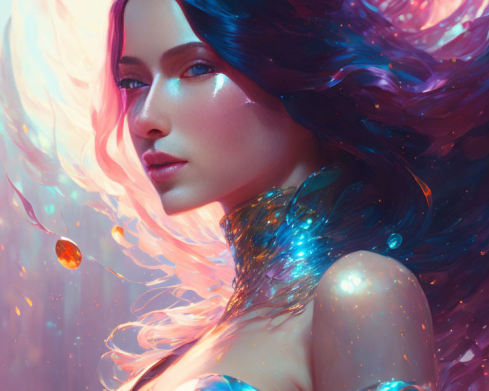 Ethereal digital portrait of woman with blue hair and glowing skin