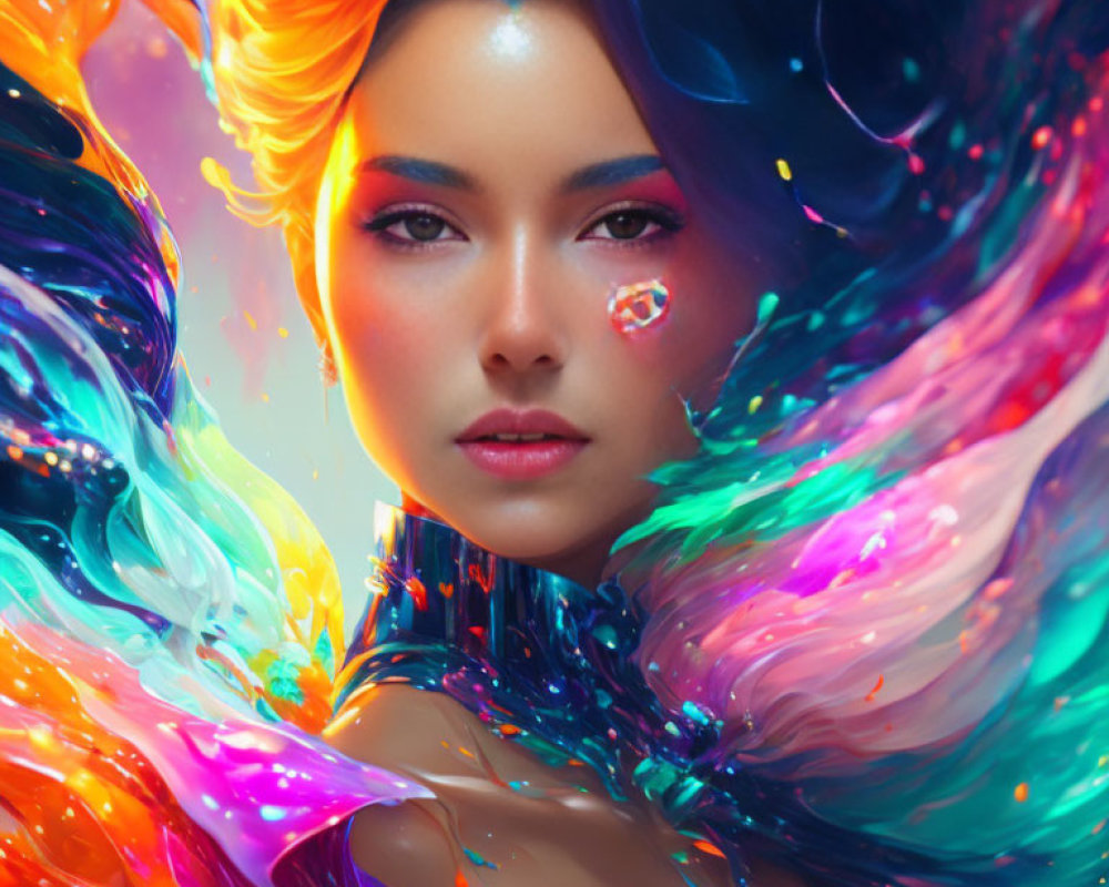 Colorful digital artwork: Woman with swirling hair on vibrant background