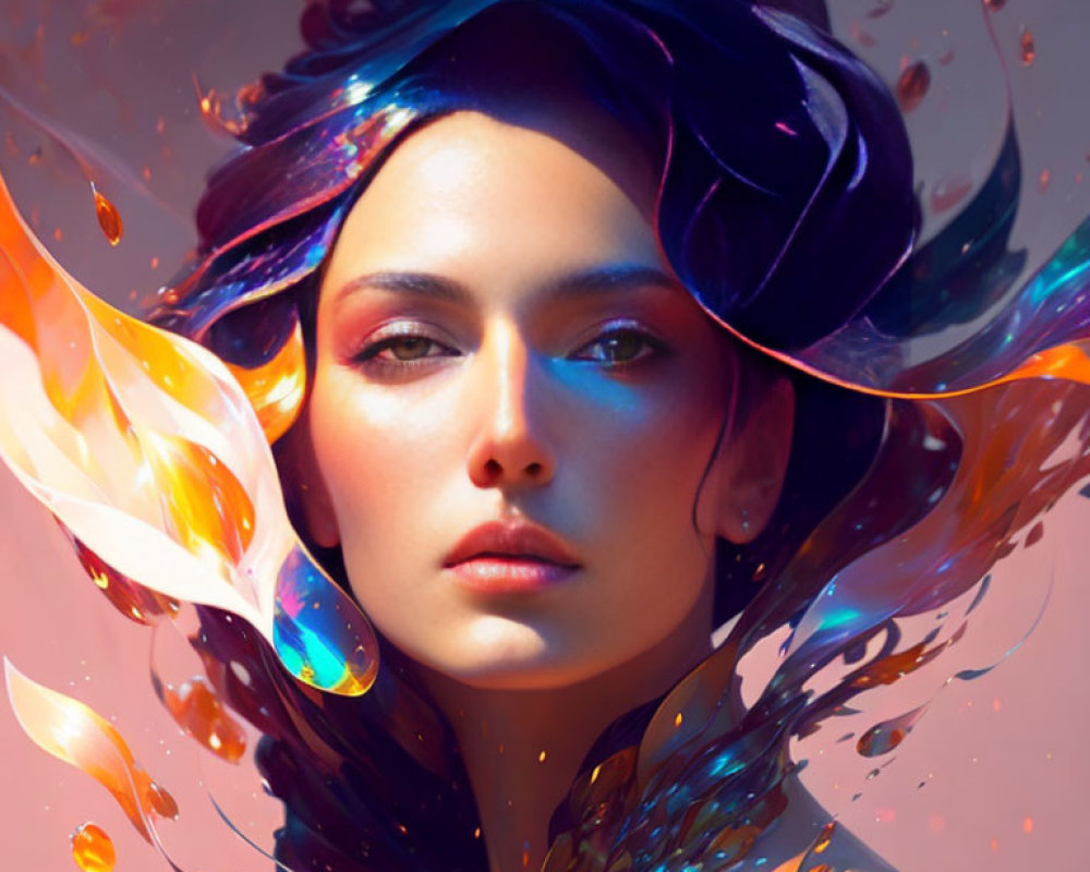 Vibrant digital art portrait of a woman with swirling colors and luminescent feathers