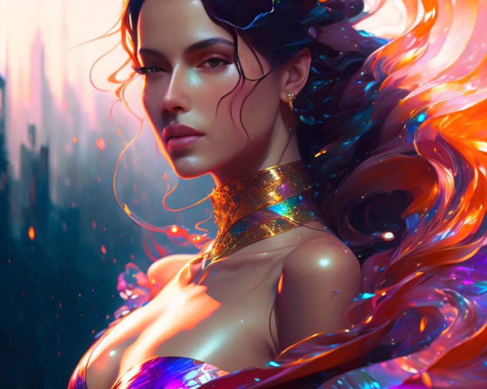 Colorful Hair Woman with Golden Choker in Fantasy Background