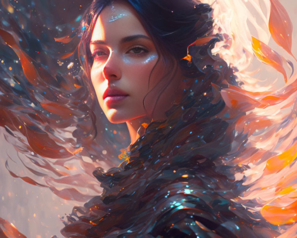 Digital Artwork: Woman with Dark Hair, Ethereal Glow, and Fiery Wings Elements