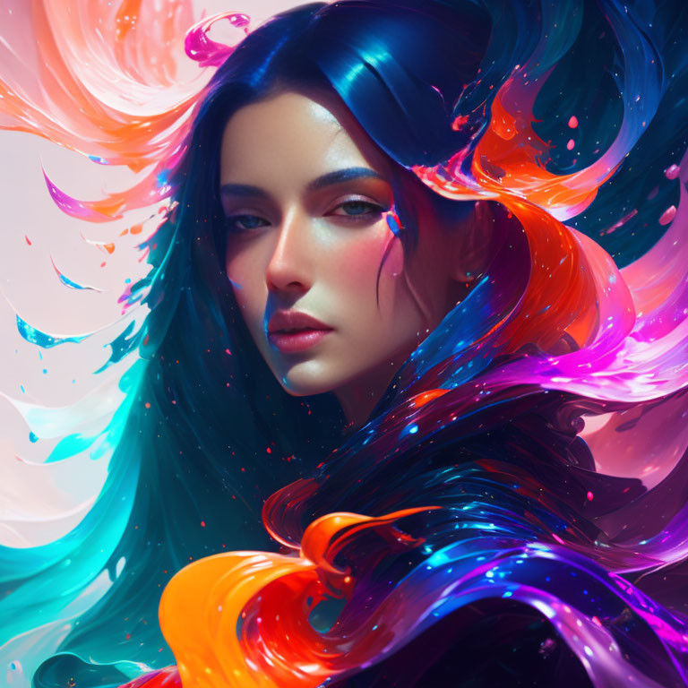 Vibrant digital artwork: Woman with multicolored flowing hair
