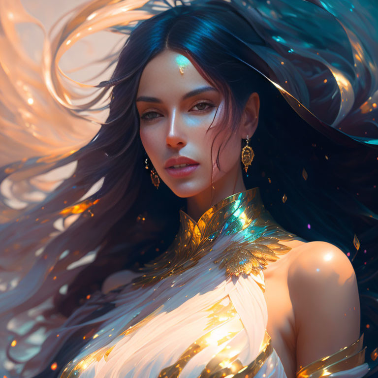 Digital artwork of a woman in ornate gold-trimmed outfit with flowy hair.