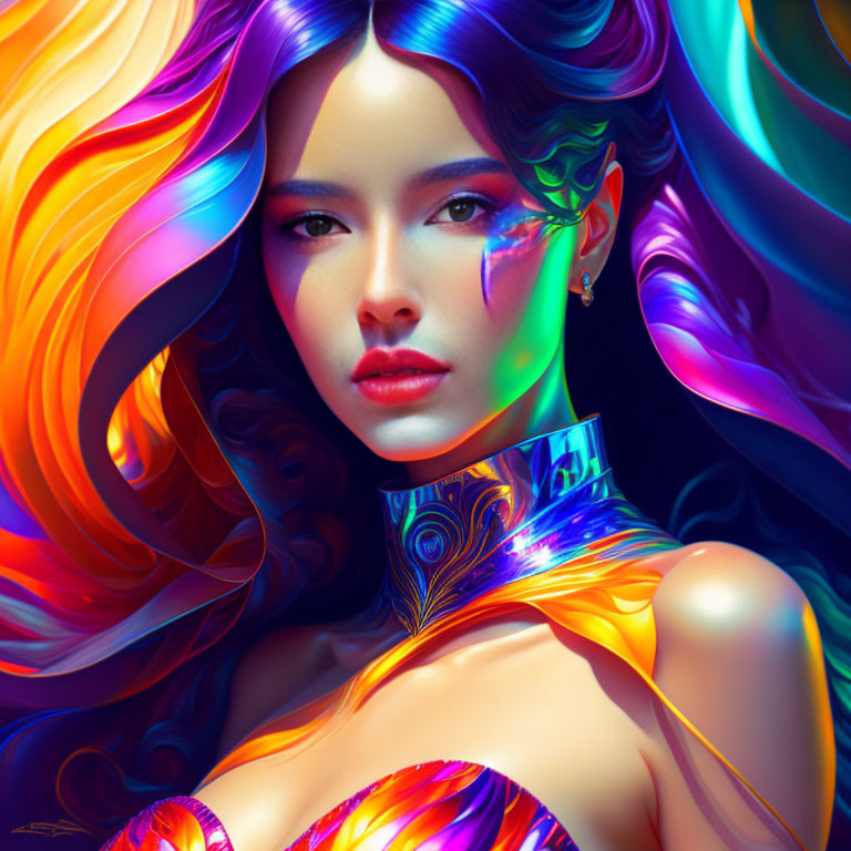 Colorful digital portrait of a woman with swirling hair and iridescent makeup, glossy neck piece,