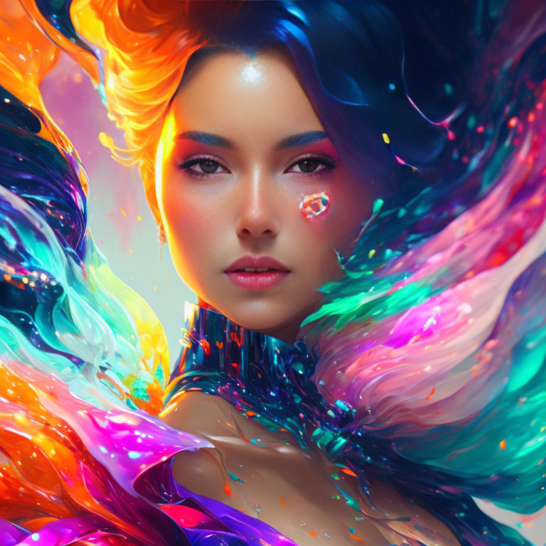 Colorful digital artwork: Woman with swirling hair on vibrant background
