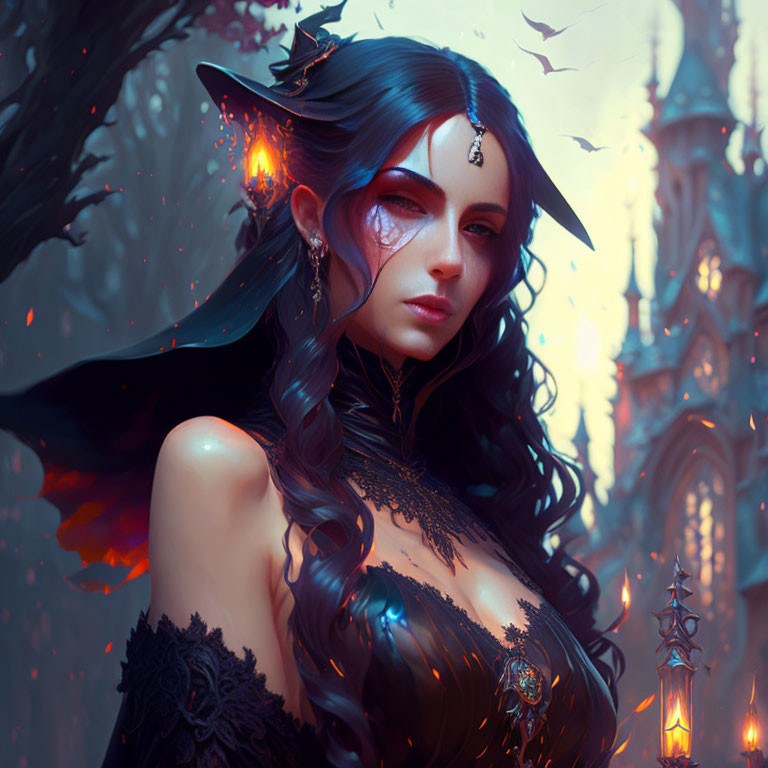 Blue-skinned fantasy character with gold jewelry in autumnal forest