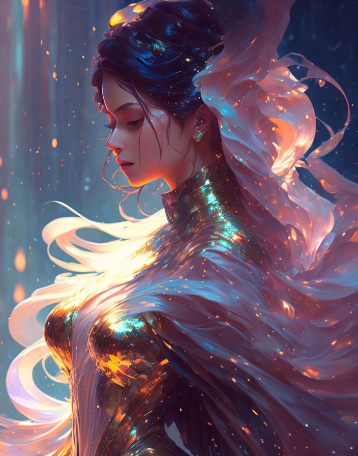 Digital artwork: Woman with luminous hair and shimmering bodysuit in light stream backdrop