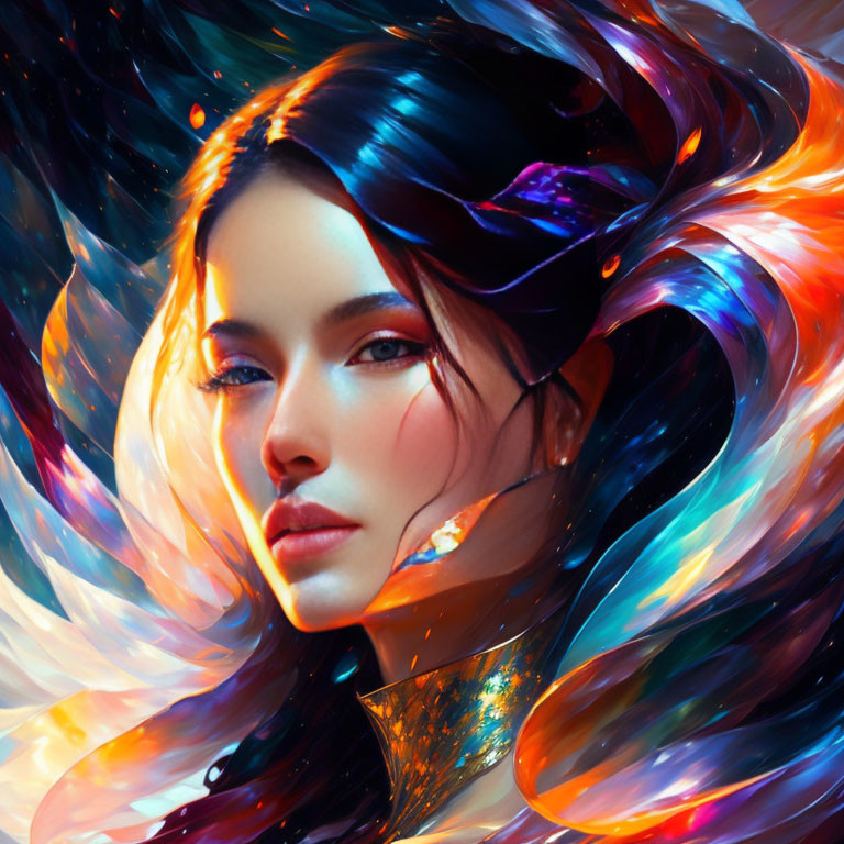 Vibrant digital artwork: Woman with colorful, flowing hair on dark background