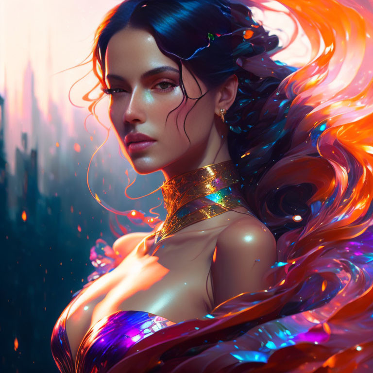 Colorful Hair Woman with Golden Choker in Fantasy Background