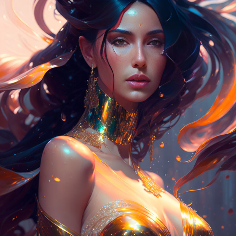 Digital Artwork: Woman with Dark Hair, Blue Eyes, and Gold Adornments