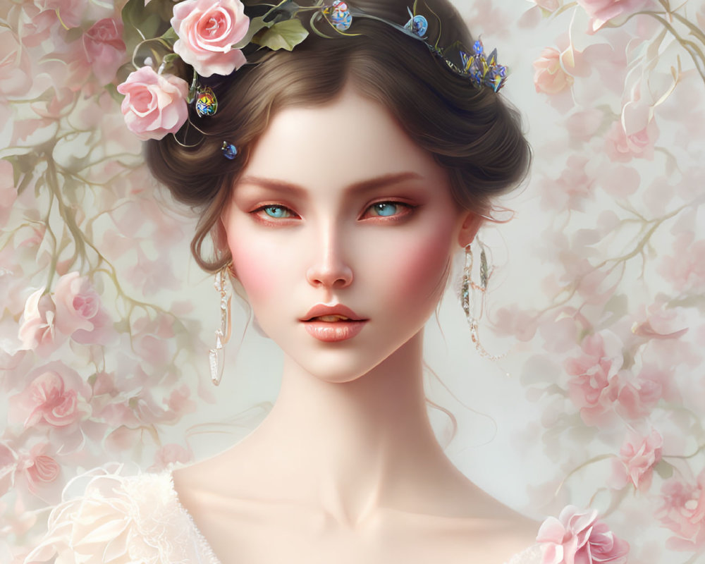 Digital Artwork: Woman with Green Eyes and Dark Hair Surrounded by Pink Roses