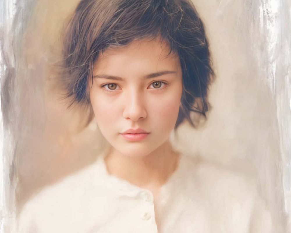 Young woman portrait with short hair and intense gaze in light blouse.
