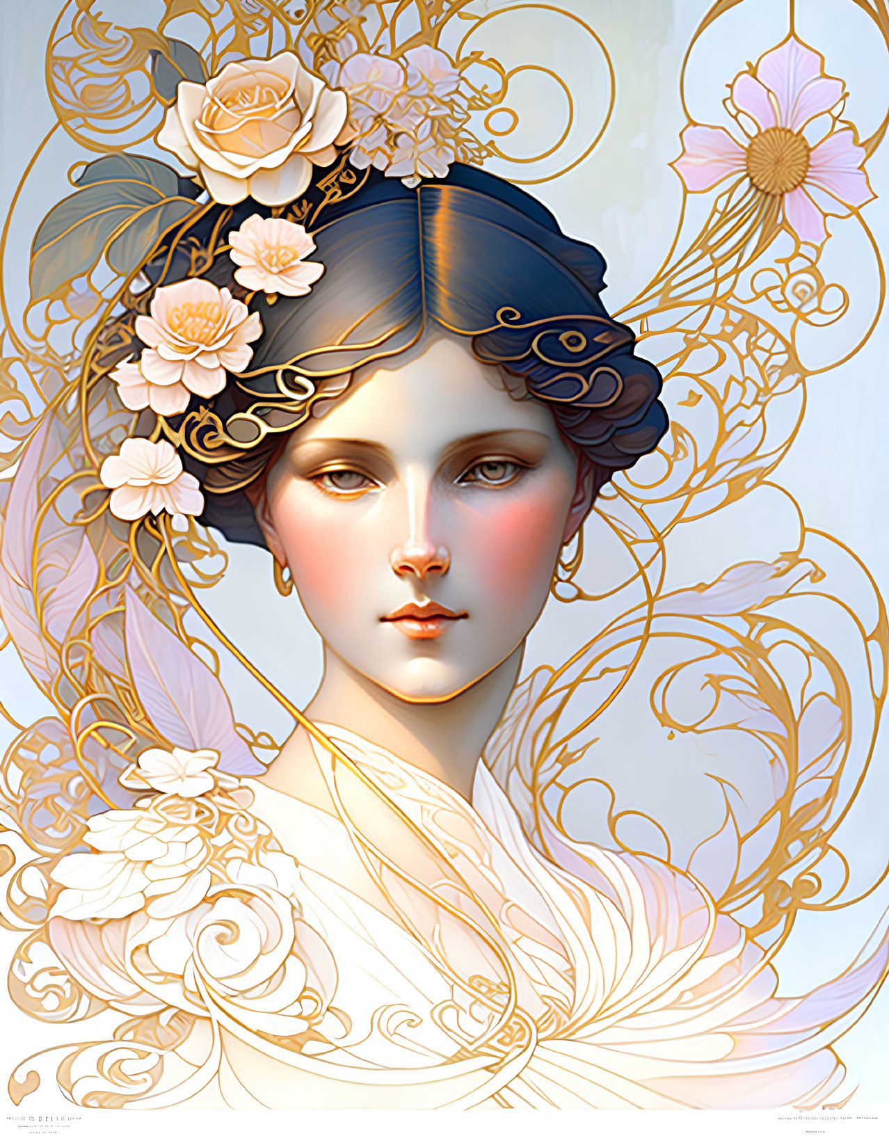 Illustrated portrait of woman with pale features and golden floral patterns.