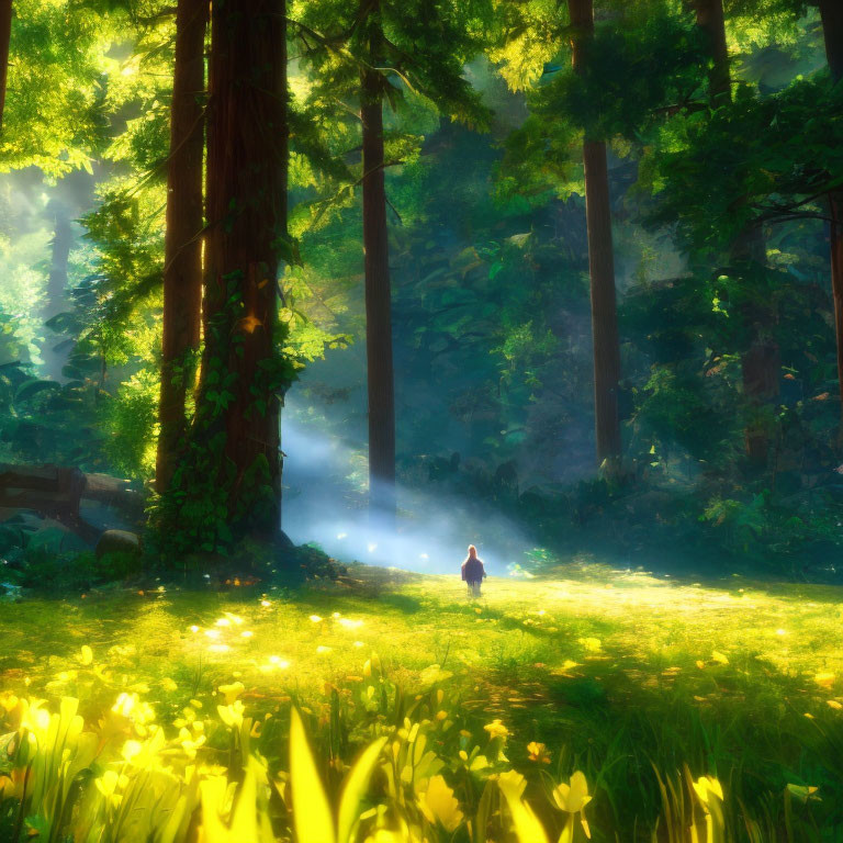 Person walking in vibrant sunlit forest with towering trees and misty light beams