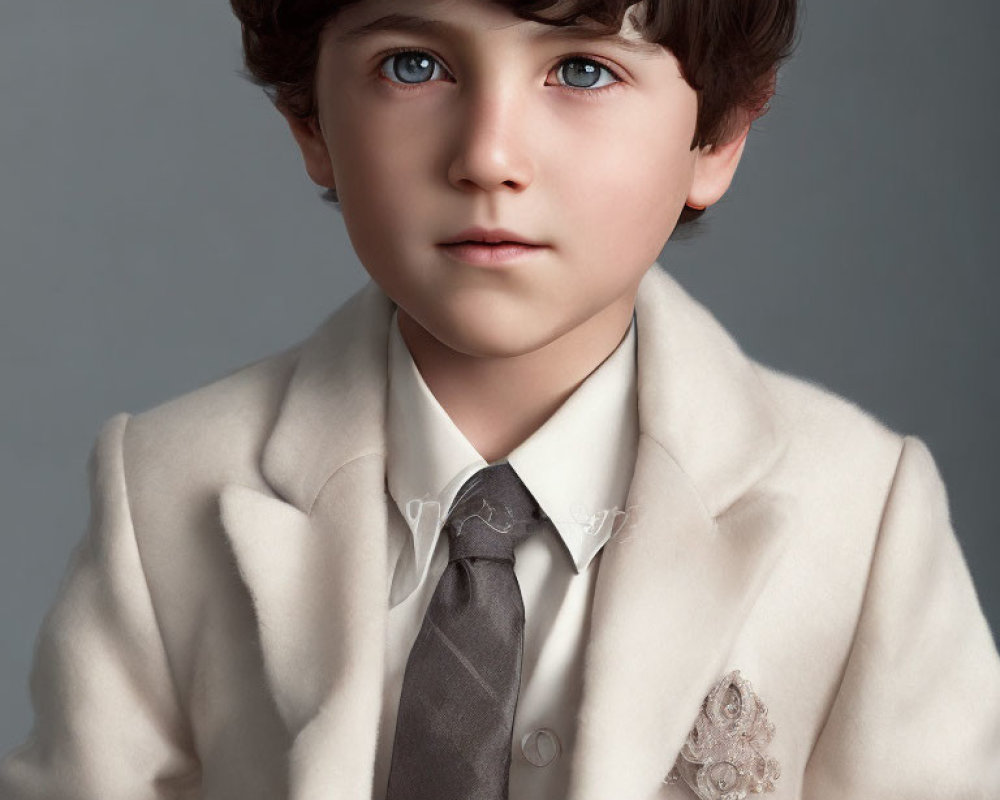 Young boy in beige suit with striking blue eyes and neat hairstyle.