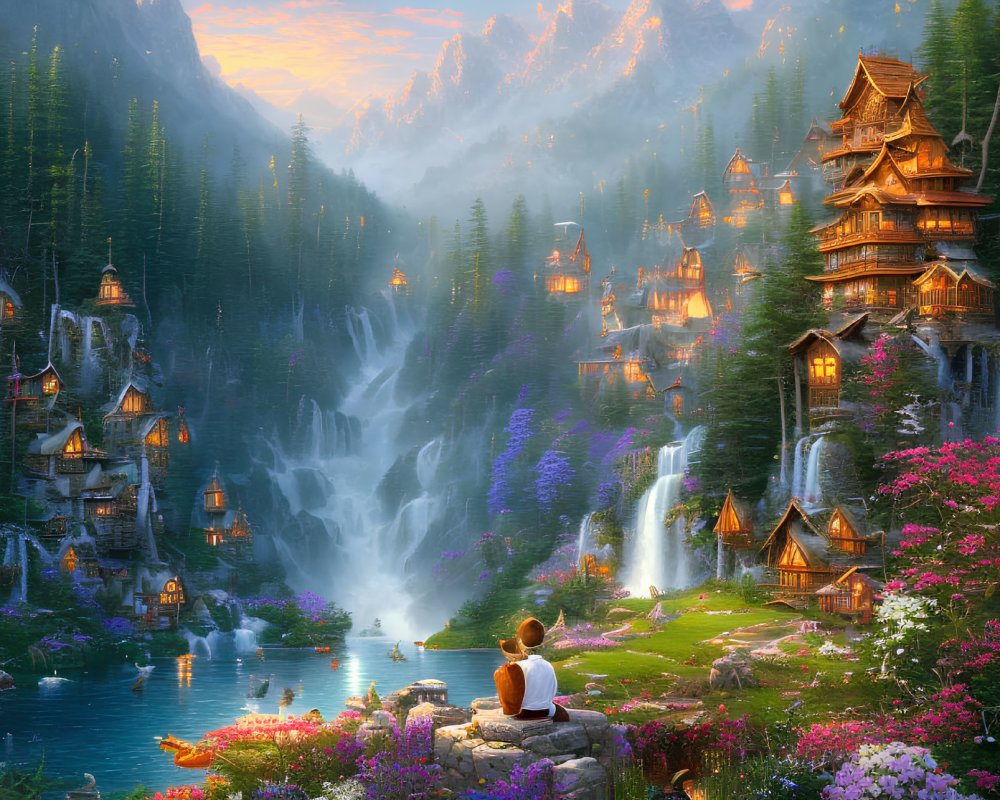 Serene lake with waterfalls, pagoda buildings, and misty mountains at sunset