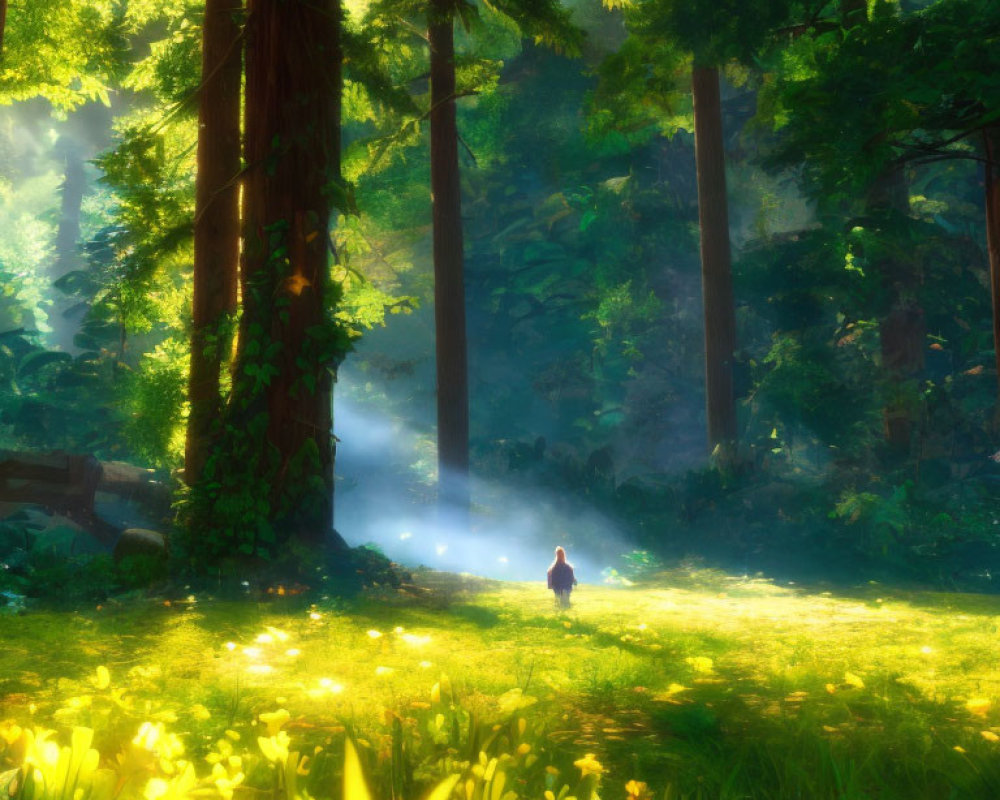 Person walking in vibrant sunlit forest with towering trees and misty light beams