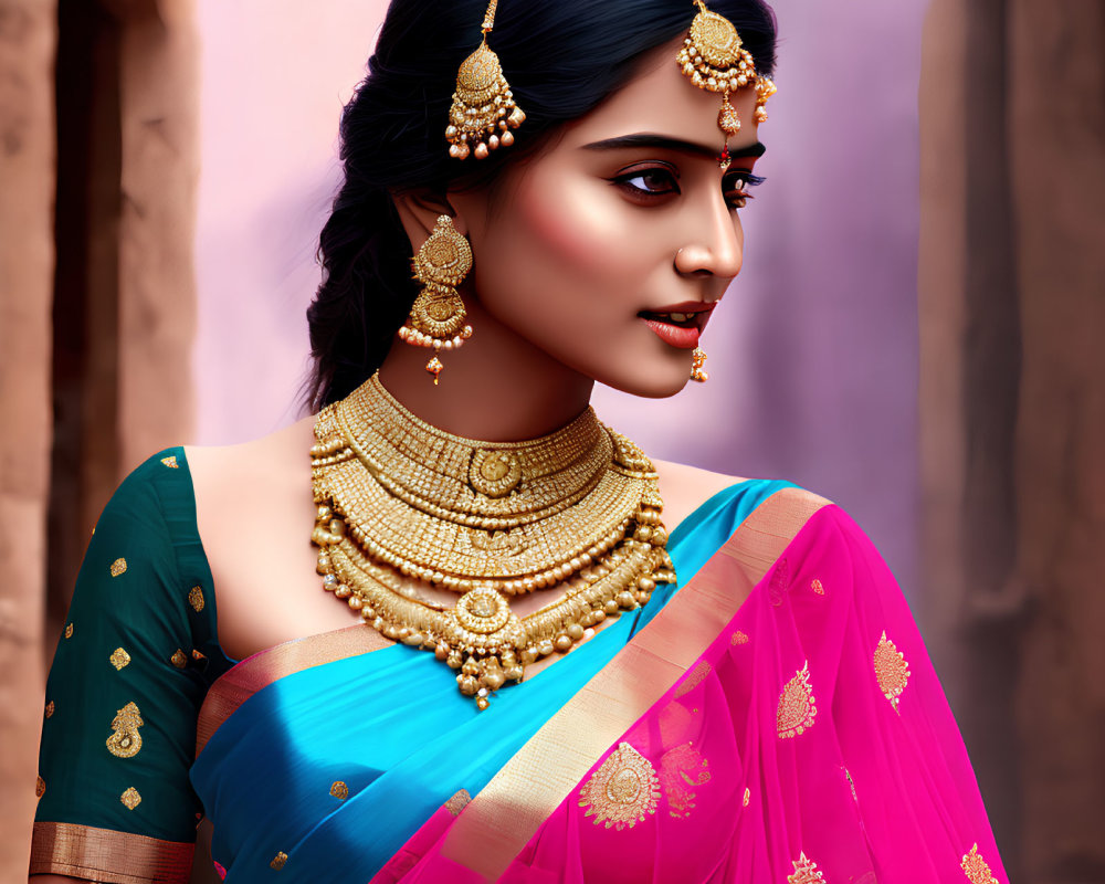 Traditional Indian Woman in Pink and Blue Saree with Gold Jewelry and Henna