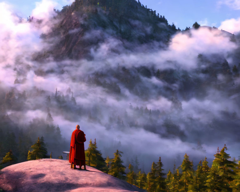 Cloaked figure on cliff gazes at misty forest valley