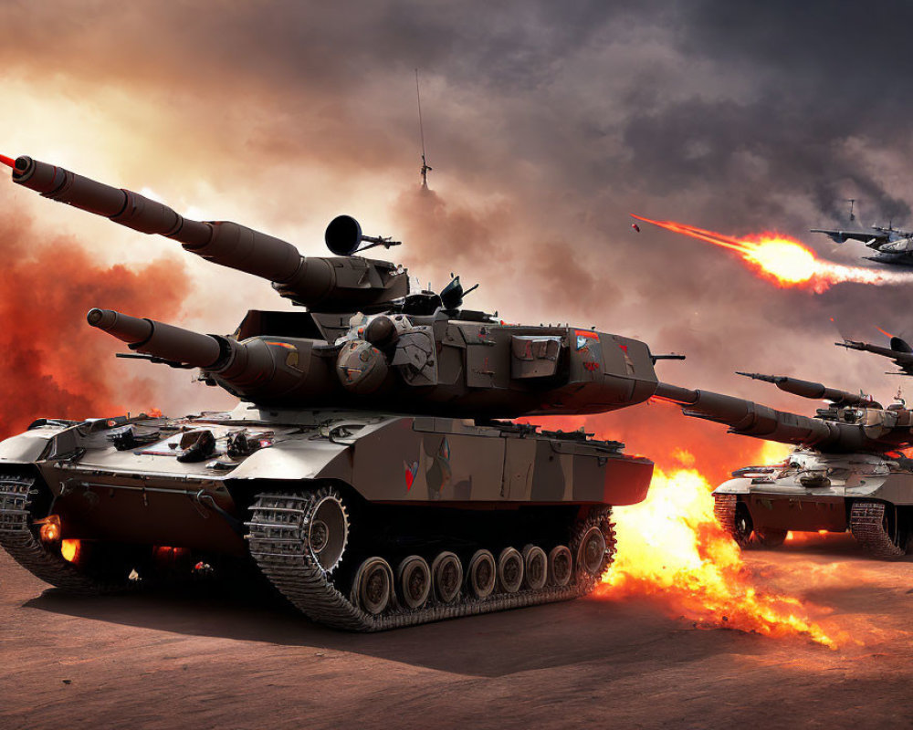 Digital artwork featuring tanks, explosions, and helicopters in battle