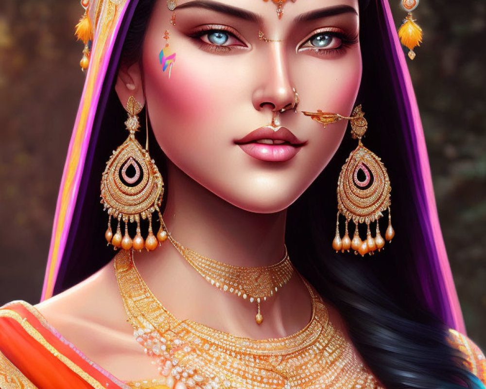 Elaborate Indian bridal jewelry on woman in digital portrait
