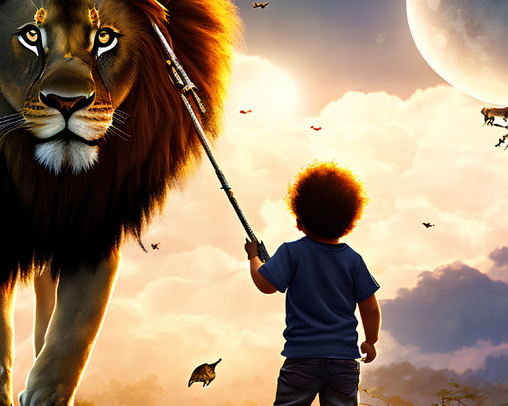 Child with staff faces lion under setting sun and moon with birds and cub.