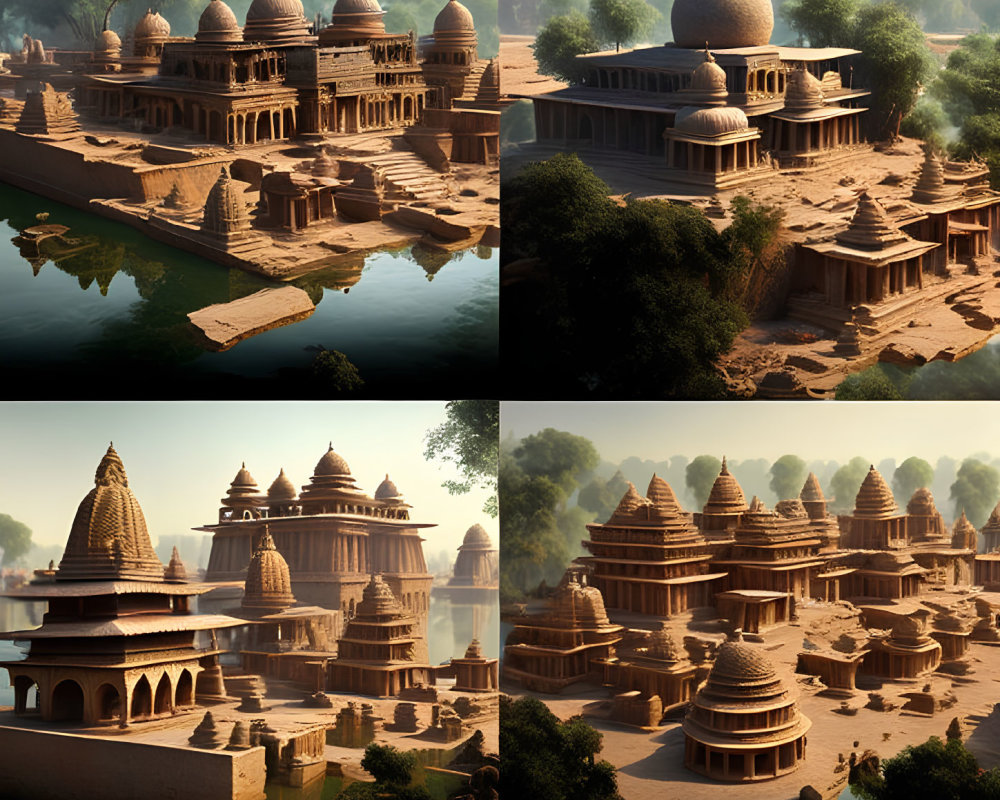 Four Atmospheric Renderings of Ancient Temple Complex near Water